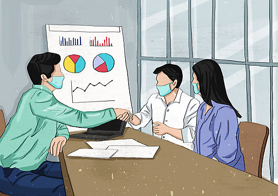 PSD 여자 남자 일러스트 비즈니스 회의 그래프 악수 마스크 상반신 성인 세명 스크린 직장인 비즈니스맨 비즈니스우먼 얼굴없음 성인만 코로나바이러스 포스트코로나 델타변이바이러스 위드코로나 국내일러스트 직업 사람 손짓 바이러스 사회이슈 파일형식