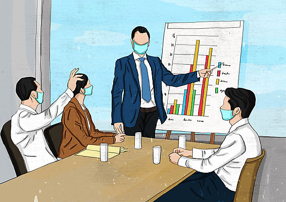 PSD 여자 남자 일러스트 비즈니스 회의 그래프 마스크 여러명 상반신 성인 컴퓨터 연필 스크린 공책 직장인 비즈니스맨 비즈니스우먼 얼굴없음 성인만 코로나바이러스 포스트코로나 델타변이바이러스 위드코로나 국내일러스트 직업 다수 문구용품 학용품 사람 전자제품 필기구 바이러스 사회이슈 파일형식