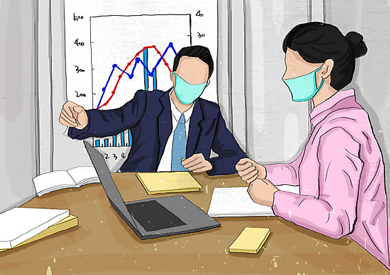 PSD 여자 남자 일러스트 비즈니스 회의 그래프 마스크 상반신 성인 두명 노트북 연필 스크린 공책 직장인 비즈니스맨 비즈니스우먼 얼굴없음 성인만 코로나바이러스 포스트코로나 델타변이바이러스 위드코로나 국내일러스트 직업 문구용품 학용품 사람 전자제품 필기구 바이러스 사회이슈 파일형식