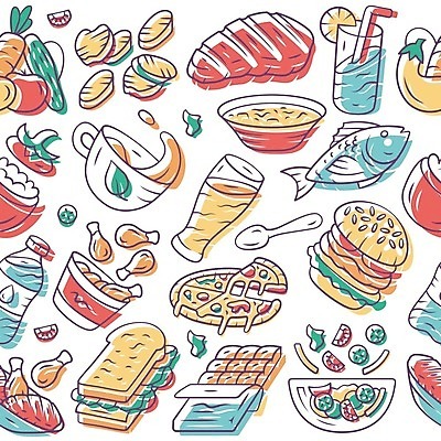 EPS 해외이미지 접시 음료 백그라운드 일러스트 맥주 피자 스테이크 사람없음 샐러드 햄버거 카툰스타일 해외202008 해외일러스트 식기 음식 주류 패스트푸드 서양음식 파일형식 벡터