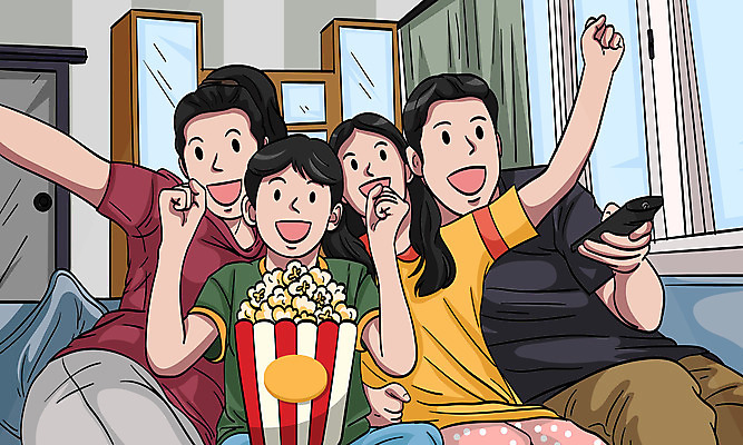 여자 남자 딸 행복 아들 어린이 일러스트 가족 엄마 여러명 상반신 성인 소파 화목 커튼 아빠 리모컨 서랍장 팝콘 국내일러스트 AI파일 감정 가구 다수 컨셉 의자 관계 사람 파일형식 벡터