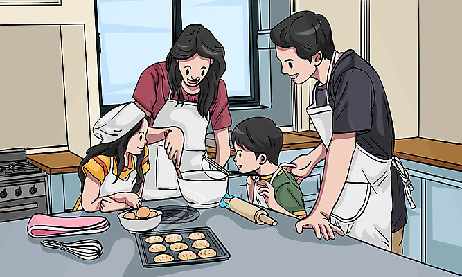 여자 남자 딸 행복 아들 어린이 일러스트 가족 엄마 여러명 상반신 성인 쿠키 제과제빵 앞치마 화목 아빠 가스레인지 밀대 국내일러스트 AI파일 감정 다수 컨셉 관계 주방용품 디저트 사람 가전제품 레인지 파일형식 벡터