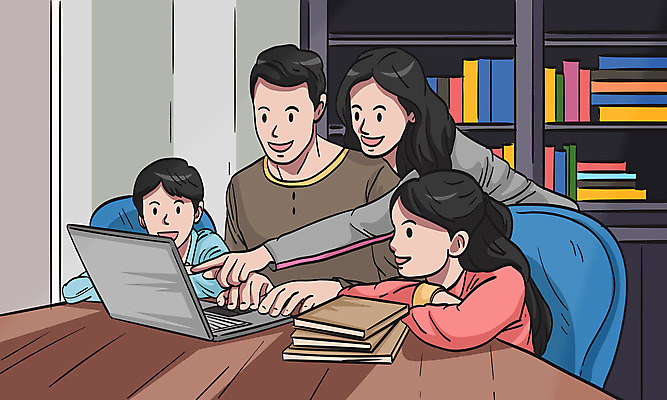 여자 남자 딸 행복 아들 어린이 의자 일러스트 가족 탁자 엄마 책장 대화 여러명 상반신 성인 책 노트북 공책 화목 아빠 국내일러스트 AI파일 감정 가구 다수 컨셉 관계 문구용품 말하기 사람 전자제품 파일형식 벡터