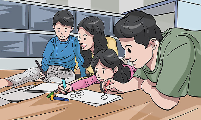 여자 남자 딸 행복 아들 어린이 일러스트 가족 엄마 색연필 책장 여러명 상반신 성인 화목 색칠 아빠 도화지 색칠공부 국내일러스트 AI파일 감정 종이 가구 다수 컨셉 관계 학용품 사람 학습 파일형식 벡터