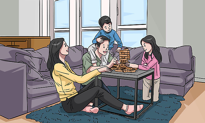 전신 여자 남자 딸 행복 아들 어린이 일러스트 가족 탁자 엄마 여러명 성인 소파 화목 매트 아빠 보드게임 젠가 국내일러스트 AI파일 감정 가구 다수 컨셉 의자 관계 놀이 사람 놀이용품 파일형식 벡터