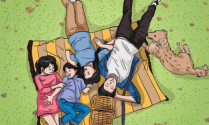 전신 여자 남자 딸 행복 아들 어린이 일러스트 가족 엄마 초원 여러명 성인 눕기 화목 아빠 강아지 돗자리 반려 소풍바구니 국내일러스트 AI파일 감정 다수 컨셉 관계 모션 사람 반려동물 바구니 개 파일형식 벡터