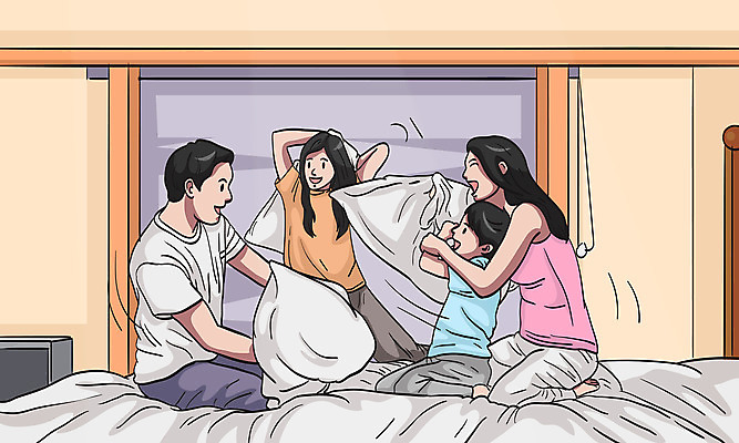 전신 여자 남자 딸 행복 아들 어린이 일러스트 가족 베개 엄마 여러명 성인 화목 침실 침대 아빠 베개싸움 국내일러스트 AI파일 감정 가구 다수 컨셉 관계 침구 사람 싸움 파일형식 벡터