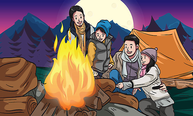 전신 나무 여자 남자 딸 행복 아들 어린이 일러스트 가족 엄마 텐트 여러명 성인 화목 캠핑 달 아빠 모닥불 통나무 국내일러스트 AI파일 자연요소 식물 감정 다수 컨셉 관계 불 레저 캠핑도구 사람 파일형식 벡터