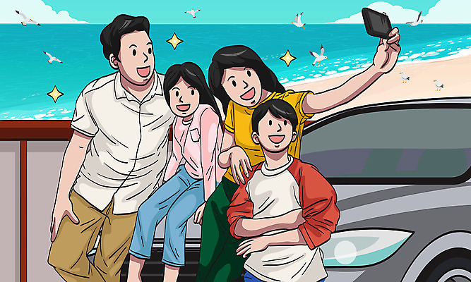 전신 여자 남자 딸 행복 아들 어린이 바다 일러스트 가족 자동차 갈매기 엄마 여러명 성인 스마트폰 모래사장 화목 아빠 셀프카메라 국내일러스트 AI파일 감정 육상교통 다수 컨셉 관계 조류 사람 핸드폰 스마트기기 사진촬영 파일형식 벡터