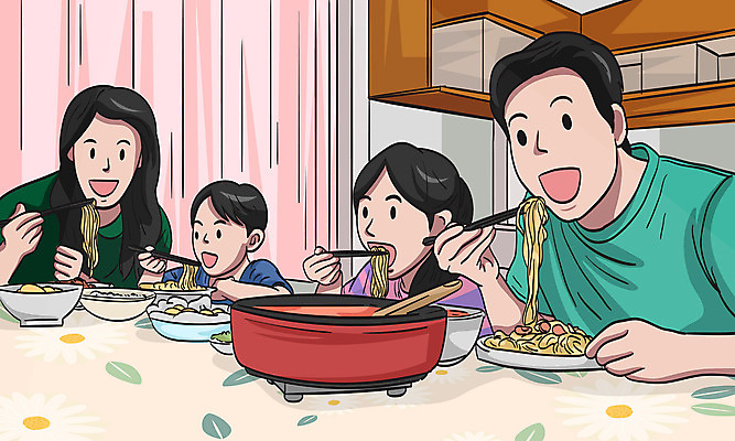 여자 남자 딸 행복 아들 어린이 음식 일러스트 가족 탁자 엄마 여러명 상반신 성인 주방 화목 면 커튼 아빠 국내일러스트 AI파일 감정 가구 다수 컨셉 관계 사람 파일형식 벡터