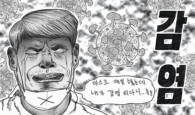 전신 PSD 남자 선 일러스트 흑백 표정 마스크 세명 고통 바이러스 질병 울음 감기 괴로움 감염 전염 박테리아 힘듦 남자만 턱스크 델타변이바이러스 국내일러스트 감정 컨셉 의학 촬영기법 사람 합성어 파일형식