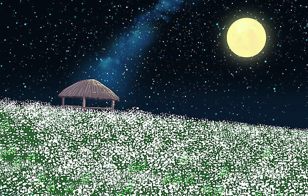 PSD 별 꽃밭 일러스트 자연 밤하늘 풍경 사람없음 달 야간 오두막 남색 감성 메밀꽃 메밀밭 국내일러스트 자연요소 꽃 컬러 컨셉 밭 하늘 생태계 파일형식