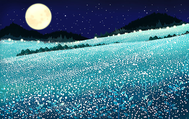 PSD 별 꽃밭 일러스트 자연 밤하늘 산 풍경 사람없음 파란색 달 야간 언덕 감성 메밀꽃 메밀밭 국내일러스트 자연요소 꽃 컬러 컨셉 밭 하늘 생태계 파일형식