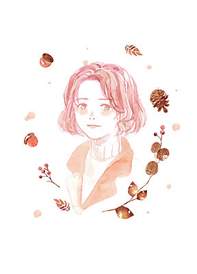 PSD 여자 열매 단풍 일러스트 붓터치 나뭇잎 수채화 한명 미소 상반신 뷰티 갈색 가을 번짐 도토리 솔방울 감성 여자한명만 국내일러스트 식물 1 계절 컬러 컨셉 잎 표정 사람 견과류 여자만 파일형식 효과