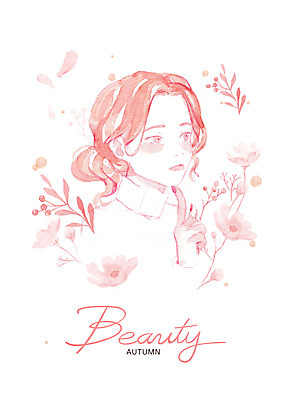 PSD 여자 열매 꽃 분홍색 일러스트 붓터치 수채화 한명 상반신 뷰티 가을 코스모스 번짐 감성 여자한명만 국내일러스트 식물 1 계절 컬러 컨셉 사람 여자만 파일형식 효과