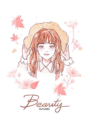 PSD 여자 꽃 분홍색 단풍 일러스트 붓터치 나뭇잎 수채화 한명 미소 상반신 뷰티 가을 코스모스 번짐 감성 여자한명만 국내일러스트 식물 1 계절 컬러 컨셉 잎 표정 사람 여자만 파일형식 효과