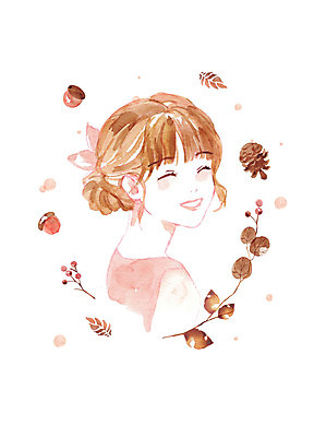 PSD 여자 열매 단풍 일러스트 붓터치 나뭇잎 수채화 한명 미소 상반신 뷰티 갈색 가을 번짐 도토리 솔방울 감성 여자한명만 국내일러스트 식물 1 계절 컬러 컨셉 잎 표정 사람 견과류 여자만 파일형식 효과