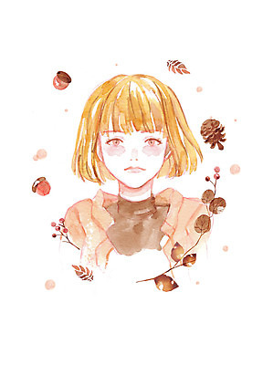 PSD 여자 열매 단풍 일러스트 붓터치 나뭇잎 수채화 한명 상반신 뷰티 갈색 가을 번짐 도토리 솔방울 감성 여자한명만 국내일러스트 식물 1 계절 컬러 컨셉 잎 사람 견과류 여자만 파일형식 효과