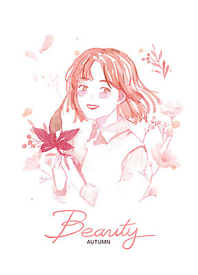 PSD 여자 꽃 분홍색 단풍 일러스트 붓터치 나뭇잎 수채화 한명 미소 상반신 뷰티 가을 코스모스 번짐 감성 여자한명만 국내일러스트 식물 1 계절 컬러 컨셉 잎 표정 사람 여자만 파일형식 효과