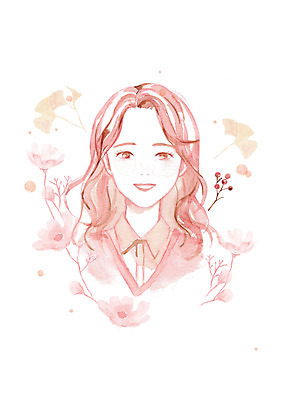 PSD 여자 꽃 분홍색 단풍 일러스트 붓터치 나뭇잎 수채화 한명 미소 상반신 뷰티 가을 코스모스 번짐 감성 여자한명만 국내일러스트 식물 1 계절 컬러 컨셉 잎 표정 사람 여자만 파일형식 효과
