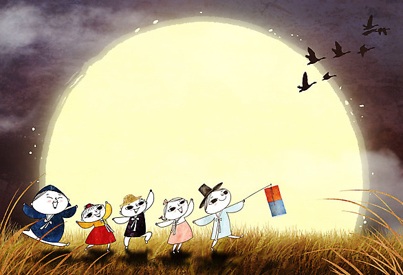 전신 PSD 구름 여자 명절 남자 어린이 일러스트 조류 갈대 초원 여러명 갈색 노란색 추석 귀여움 달 가을 야간 한복 청사초롱 어린이만 국내일러스트 자연요소 식물 동물 한국전통 전통 계절 기념일 컬러 다수 컨셉 사람 전통의상 초롱 파일형식