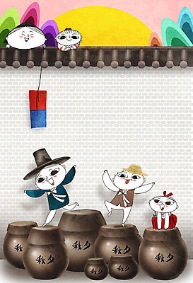 전신 PSD 여자 명절 남자 어린이 일러스트 산 주택 기와 기와집 여러명 담장 갈색 추석 귀여움 회색 달 가을 항아리 한복 청사초롱 어린이만 국내일러스트 자연요소 한국전통 전통 계절 기념일 컬러 다수 컨셉 한옥 사람 건물 도자기 전통의상 초롱 파일형식