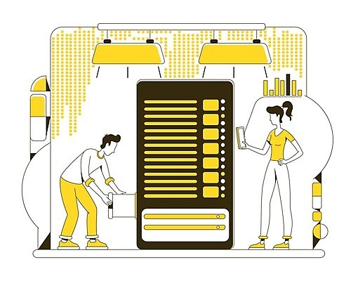 EPS 해외이미지 전신 여자 남자 허리손 일러스트 그래프 전등 들기 성인 두명 스마트폰 노란색 디지털 자료 스마트 저장 서랍장 성인만 해외일러스트 컬러 포즈 가구 컨셉 모션 조명 사람 핸드폰 스마트기기 파일형식 벡터