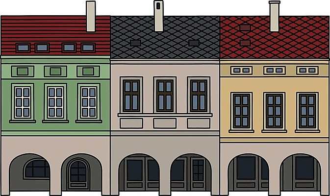 EPS 해외이미지 도로 길 일러스트 거리 주택 굴뚝 건물 빨간색 초록색 노란색 회색 햄버거 흰색 도시 역사 만화 대문 정사각형 광장 타운 법정 옛날 회랑 해외202008 해외일러스트 도형 건축물 컬러 교통시설 패스트푸드 문 복도 파일형식 벡터