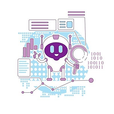 EPS 해외이미지 캐릭터 하늘색 일러스트 돋보기 들기 사람없음 보라색 자료 가리킴 로봇 분석 이진법 해외202008 AI_인공지능 해외일러스트 일러캐릭터 컬러 컨셉 모션 손짓 파란색 수학 파일형식 벡터