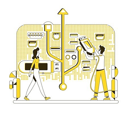 EPS 해외이미지 전신 여자 남자 일러스트 들기 성인 두명 노란색 디지털 자료 네트워크 USB 스마트 저장 꽂음 성인만 해외일러스트 컬러 컨셉 모션 사람 파일형식 벡터