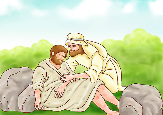 PSD 남자 기독교 종교 일러스트 산 사랑 사람 야외 두명 성경 돌_바위 바위 도움 예수 도둑 성경이야기 유대인 후광 사마리아인 신약성서 남자만 신약_종교 국내일러스트 감정 컨셉 종교용품 이야기 빛 신_종교 범죄인 파일형식