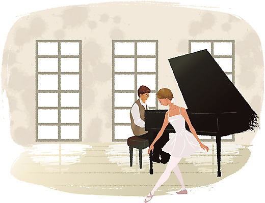 EPS 직업 여자 남자 포스터 문화 예술 악기 연주 일러스트 창문 문화예술 실내 사람 두명 공연 댄서 춤 건반 피아노 건반악기 발레 연습 발레리나 반주 발레연습 연습실 국내일러스트 음악 이벤트 내부 파일형식 벡터