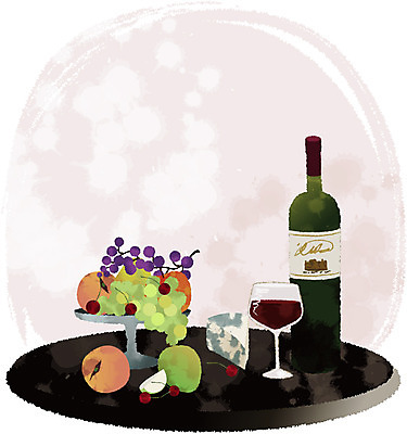 문화 예술 와인잔 과일 일러스트 탁자 포도 문화예술 와인 대리석 포도송이 치즈케이크 국내일러스트 가구 술잔 재료 주류 케이크