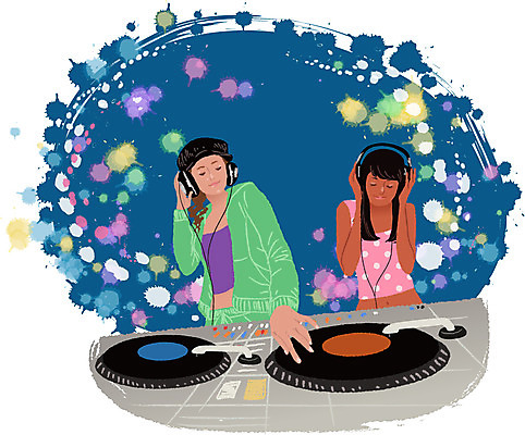 EPS 여자 남자 포스터 문화 예술 음악 백그라운드 일러스트 문화예술 사람 취미 두명 헤드폰 공연 음악감상 나이트 레코드 DJ 클럽 열정 턴테이블 테크노 국내일러스트 감정 음향기기 이벤트 감상 음반 파일형식 벡터