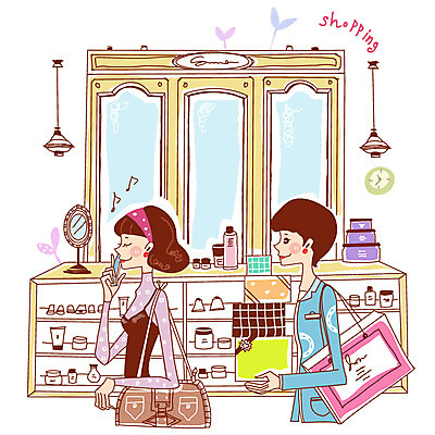 EPS 라이프스타일 여자 일러스트 전등 조명 실내 들기 사람 상반신 두명 선물상자 쇼핑 상자 쇼핑백 상점 화장품 전시 거울 핸드백 종업원 직원 진열장 매기 통화 화장품가게 여자만 국내일러스트 직업 가방 모션 선물 내부 생활 뷰티 파일형식 벡터