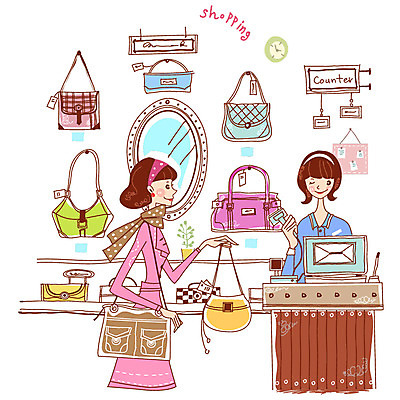 EPS 문자 라이프스타일 알파벳 영어 여자 가방 일러스트 실내 서기 들기 사람 두명 쇼핑 쇼핑백 상점 전시 거울 계산 선택 종업원 계산대 고객 직원 진열장 결제 매기 캐셔 여자만 국내일러스트 직업 잡화 컨셉 모션 내부 생활 파일형식 벡터