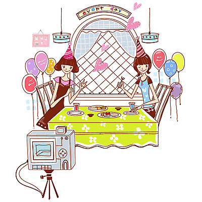 EPS 라이프스타일 접시 알파벳 여자 음료 음식 포크 의자 일러스트 창문 탁자 전등 조명 사람 앉기 손짓 이벤트 두명 친구 파티 카메라 식당 레스토랑 사진촬영 식사 고깔모자 커튼 브이 풍선 기념촬영 삼각대 여자만 국내일러스트 모자_잡화 식기 영어 가구 관계 모션 생활 전자제품 상점 촬영 파일형식 벡터