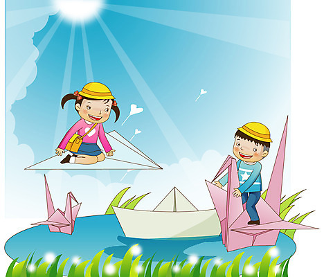 EPS 주간 구름 라이프스타일 여자 어린이교육 교육 남자 어린이 가방 일러스트 상상 하늘 사람 소녀 소년 야외 두명 라이프 생활 가로 태양 유치원 유치원생 하트 연못 풀 종이비행기 종이접기 종이배 종이학 유치원모자 어린이만 국내일러스트 자연요소 모양 식물 모자_잡화 잡화 종이 접기 파일형식 벡터