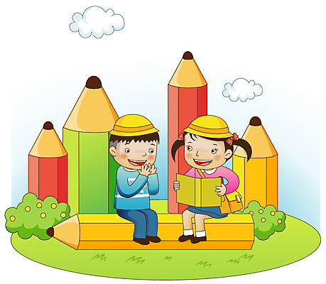 EPS 주간 구름 라이프스타일 여자 어린이교육 교육 남자 어린이 가방 일러스트 사람 소녀 소년 야외 두명 라이프 생활 책 가로 필기구 연필 유치원 유치원생 유치원모자 어린이만 국내일러스트 자연요소 모자_잡화 잡화 문구용품 학용품 파일형식 벡터