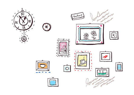 PSD 문자 알파벳 영어 시계 생활용품 액자 백그라운드 라인일러스트 일러스트 사람없음 전시 미술관 전시회 라인아트 벽시계 사진전 국내일러스트 선 오브젝트 파일형식