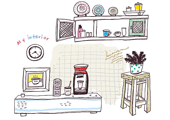 PSD 문자 접시 알파벳 영어 화분 시계 액자 백그라운드 의자 라인일러스트 일러스트 창문 탁자 실내 사람없음 인테리어 주방 커피잔 찻잔 찬장 커피메이커 라인아트 벽시계 양념통 국내일러스트 식기 디자인 커피 선 가구 잔 통 내부 양념 커피용품 파일형식