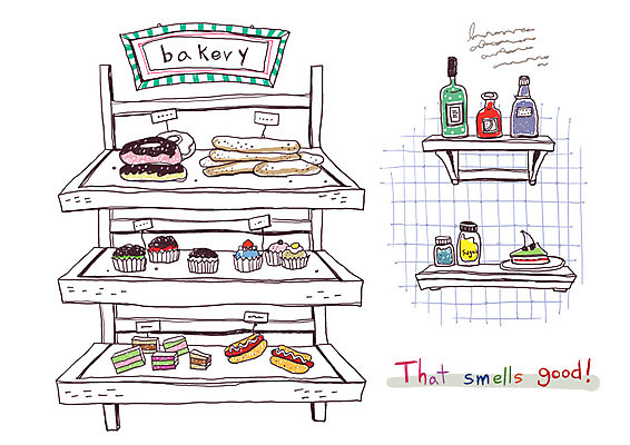 PSD 문자 알파벳 영어 빵 백그라운드 라인일러스트 일러스트 실내 사람없음 제과 빵집 도넛 조각케이크 라인아트 진열장 제빵 미니케이크 국내일러스트 선 음식 디저트 내부 제과제빵 케이크 상점 파일형식