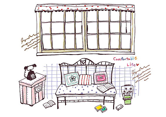 PSD 문자 알파벳 영어 화분 백그라운드 쿠션 거실 의자 라인일러스트 일러스트 창문 실내 사람없음 책 소파 방 커튼 전화기 유선전화기 라인아트 협탁 국내일러스트 선 가구 내부 파일형식