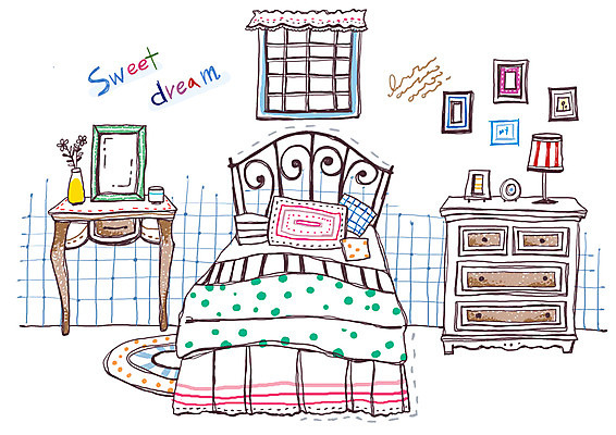 PSD 문자 알파벳 영어 가구 액자 백그라운드 쿠션 라인일러스트 일러스트 창문 베개 탁자 조명 실내 사람없음 꽃병 카펫 침실 방 침대 스탠드 라인아트 서랍장 국내일러스트 꽃 선 생활용품 침구 내부 파일형식