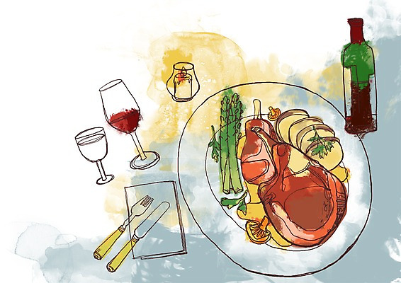 PSD 접시 음식 포크 채소 와인잔 라인일러스트 일러스트 초 서양음식 스테이크 요리 사람없음 와인 저녁식사 버섯 나이프 아스파라거스 국내일러스트 식기 술잔 주류 식사 칼 파일형식