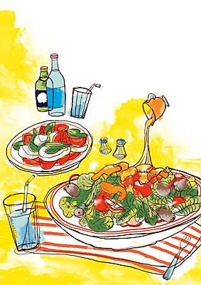 PSD 그릇 접시 음료 음식 포크 라인일러스트 일러스트 서양음식 요리 사람없음 샐러드 병 머스터드 냅킨 양념통 치킨샐러드 카프레제 국내일러스트 식기 통 양념 소스_음식 파일형식