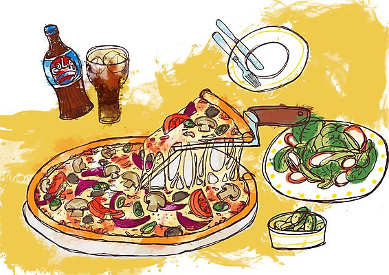 PSD 접시 음료 음식 포크 라인일러스트 일러스트 피자 서양음식 요리 사람없음 컵 샐러드 나이프 피클 콜라 국내일러스트 식기 패스트푸드 칼 탄산음료 절임 파일형식