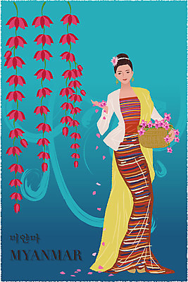 EPS 전통 옷 여자 꽃 백그라운드 일러스트 한명 사람 20대 성인 장식 바구니 전통의상 복식 미얀마 여자만 여자한명만 성인여자만 청년만 청년여자만 성인한명만 청년여자한명만 성인여자한명만 성인만 국내일러스트 식물 1 아시아 청년 파일형식 벡터