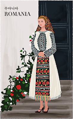 EPS 전통 드레스 옷 여자 꽃 백그라운드 일러스트 두건 한명 사람 20대 성인 계단 전통의상 현관문 복식 루마니아 여자만 여자한명만 성인여자만 청년만 청년여자만 성인한명만 청년여자한명만 성인여자한명만 성인만 국내일러스트 식물 1 유럽 청년 문 파일형식 벡터