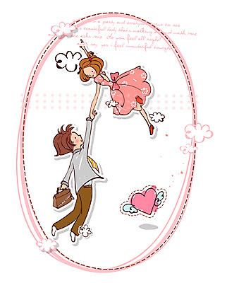 EPS 구름 커플 드레스 원피스 여자 남자 점선 백그라운드 날개 서류가방 가방 데이트 일러스트 프레임 사랑 사람 정장 두명 물방울무늬 하트 비행 국내일러스트 자연요소 모양 잡화 옷 감정 선 무늬 관계 파일형식 벡터